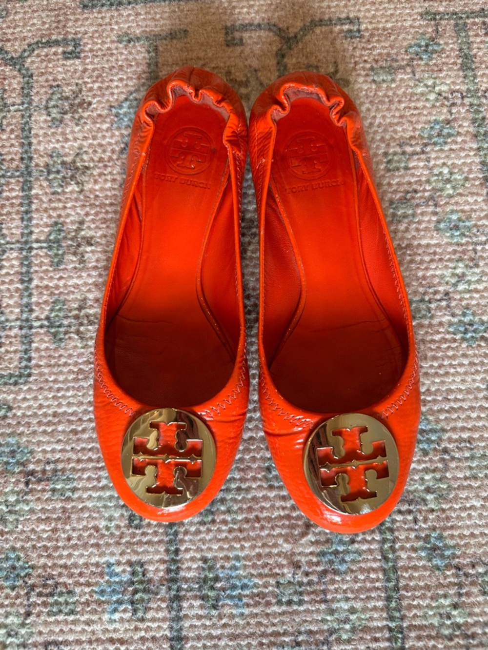 Tory Burch Orange Patent Leather Logo Ballet Flats